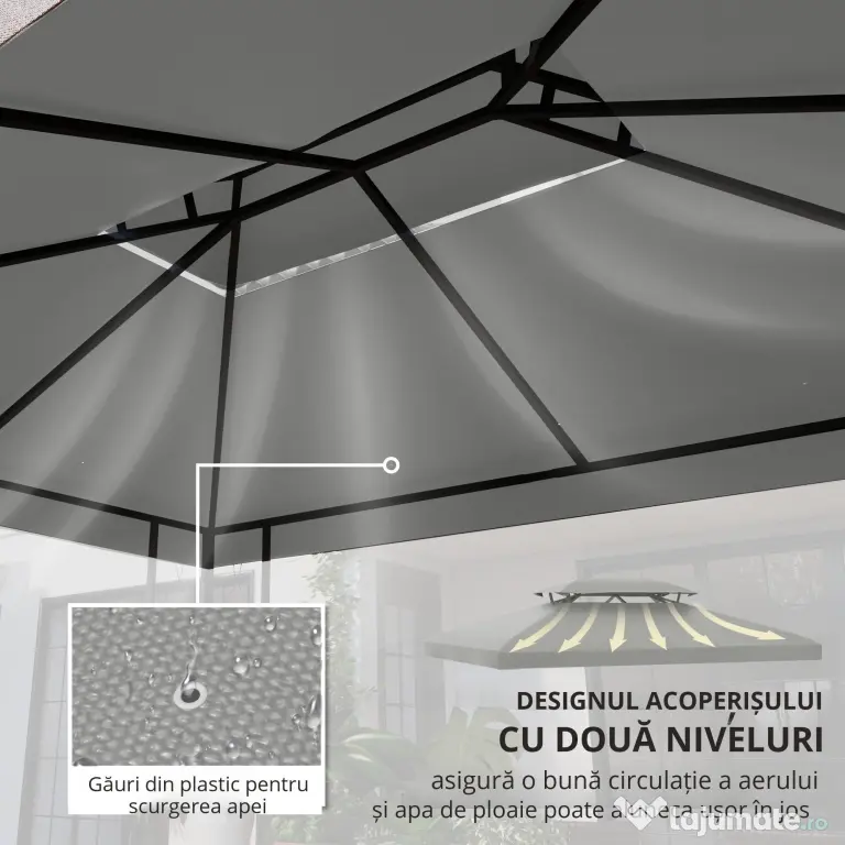 Outsunny Copertina pentru cort 4x3 m cu 2 niveluri, copertina pentru cort din poliester anti-UV cu chingi din Velcro, gri deschis