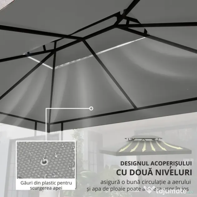 Outsunny Copertina pentru cort 4x3 m cu 2 niveluri, copertina pentru cort din poliester anti-UV cu chingi din Velcro, gri deschis