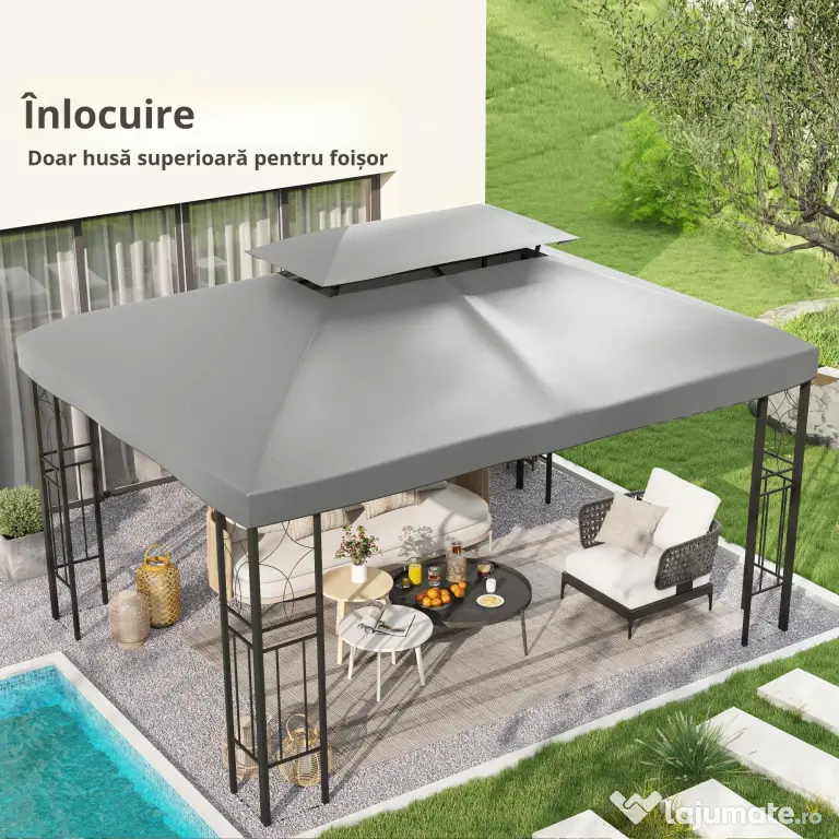 Outsunny Copertina pentru cort 4x3 m cu 2 niveluri, copertina pentru cort din poliester anti-UV cu chingi din Velcro, gri deschis