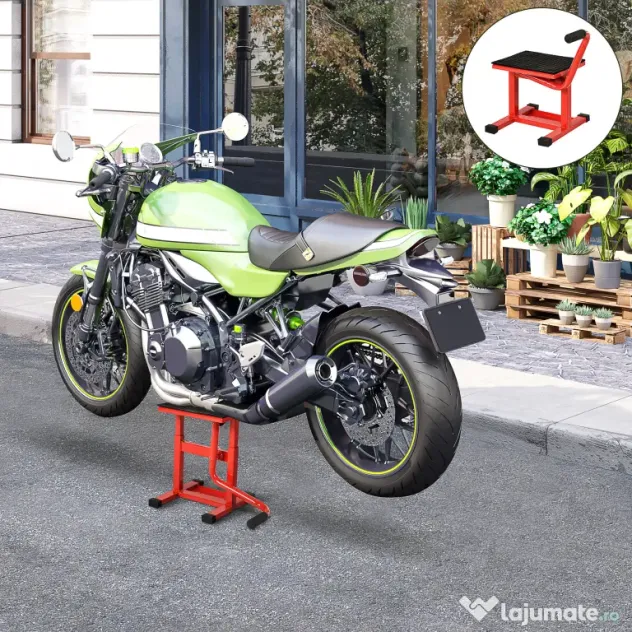 HOMCOM Suport din Otel pentru Motociclete max 150 kg cu Suprafata de Cauciuc si Manivela, 27.5x51-69x34 cm, Rosu