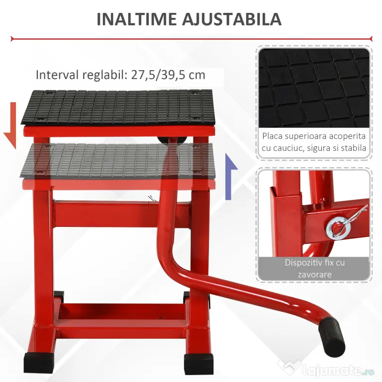 HOMCOM Suport din Otel pentru Motociclete max 150 kg cu Suprafata de Cauciuc si Manivela, 27.5x51-69x34 cm, Rosu
