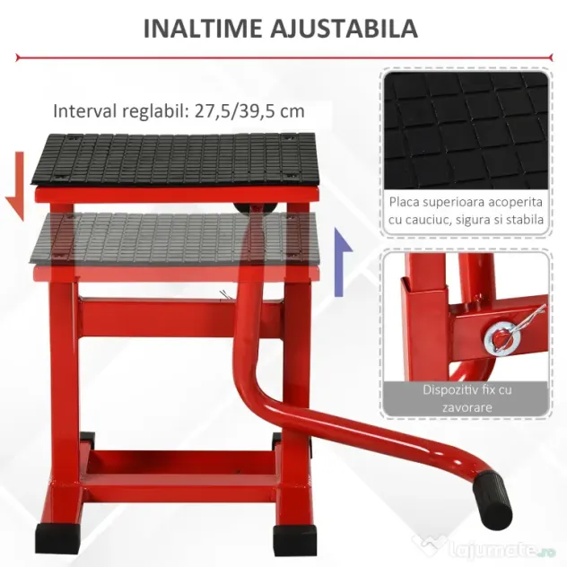 HOMCOM Suport din Otel pentru Motociclete max 150 kg cu Suprafata de Cauciuc si Manivela, 27.5x51-69x34 cm, Rosu