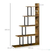 HOMCOM Bibliotecă în Stil Industrial în 5 Niveluri cu Cadru din Fier 102x30x160 cm, Maro | Aosom Romania