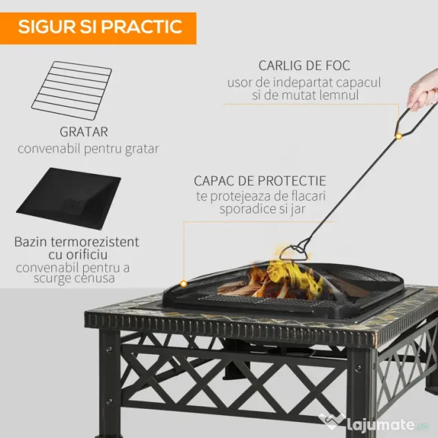 Outsunny Brazier pentru Grădină cu Capac de Protecție și Grătar, Ideal pentru Seri în Aer Liber, Design Pragmatic | Aosom Romania