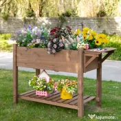 Outsunny Jardinieră Supraînălțată din Lemn | Grădinărit cu Raft Pliabil și Spațiu de Depozitare | 123x54x74 cm Maro | Aosom Romania 