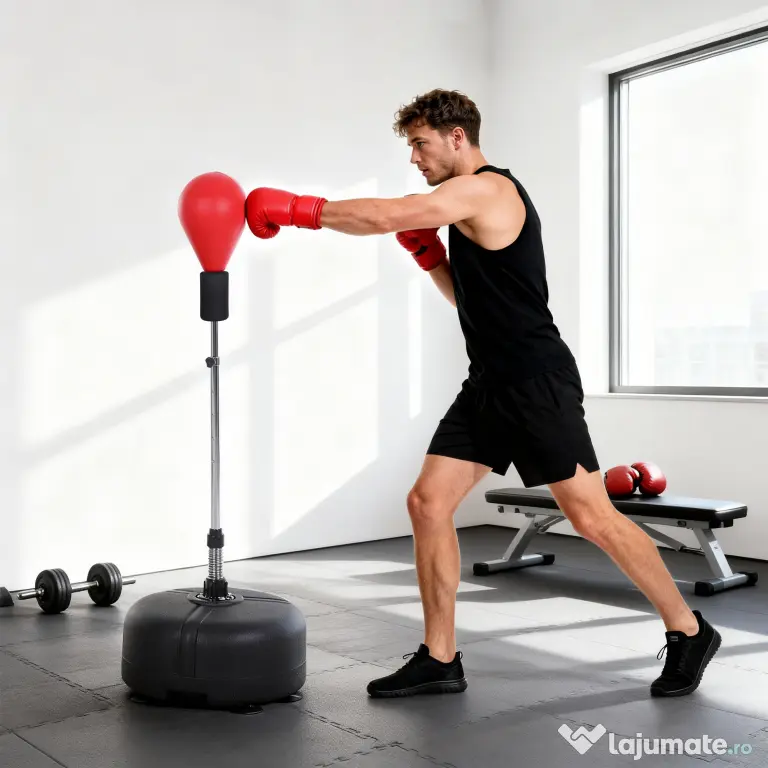 HOMCOM Punching Ball cu Înălțime Reglabilă cu Mănuși de Box, din Oțel, Piele Sintetică și PE, Ø48x136-154 cm, Negru și Roșu