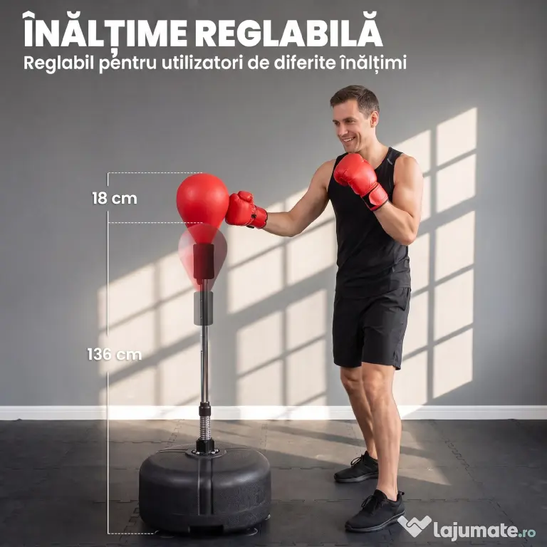 HOMCOM Punching Ball cu Înălțime Reglabilă cu Mănuși de Box, din Oțel, Piele Sintetică și PE, Ø48x136-154 cm, Negru și Roșu