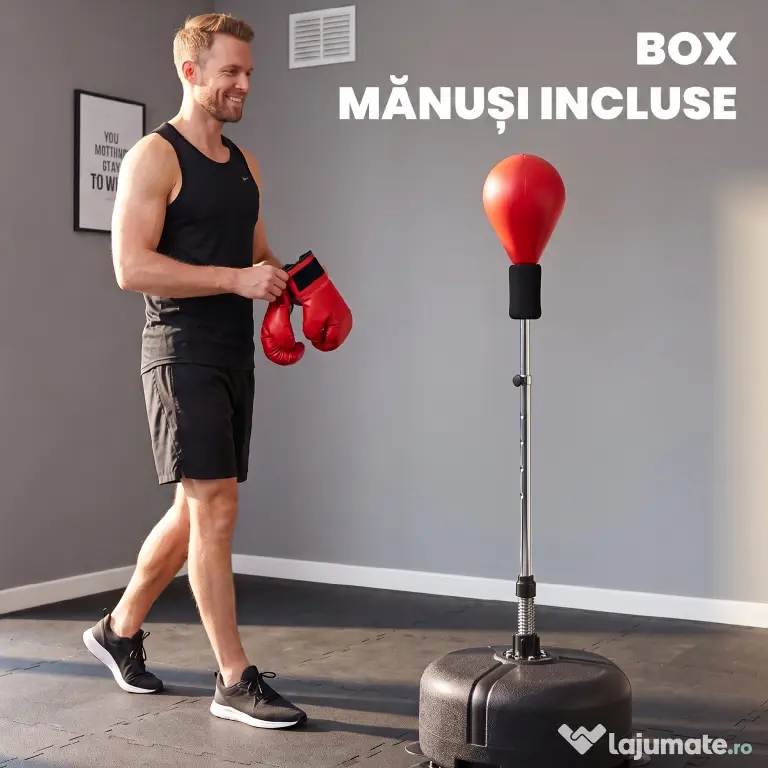 HOMCOM Punching Ball cu Înălțime Reglabilă cu Mănuși de Box, din Oțel, Piele Sintetică și PE, Ø48x136-154 cm, Negru și Roșu