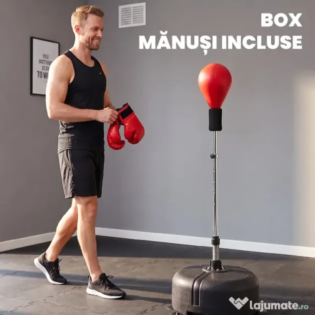 HOMCOM Punching Ball cu Înălțime Reglabilă cu Mănuși de Box, din Oțel, Piele Sintetică și PE, Ø48x136-154 cm, Negru și Roșu