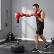 HOMCOM Punching Ball cu Înălțime Reglabilă cu Mănuși de Box, din Oțel, Piele Sintetică și PE, Ø48x136-154 cm, Negru și Roșu 
