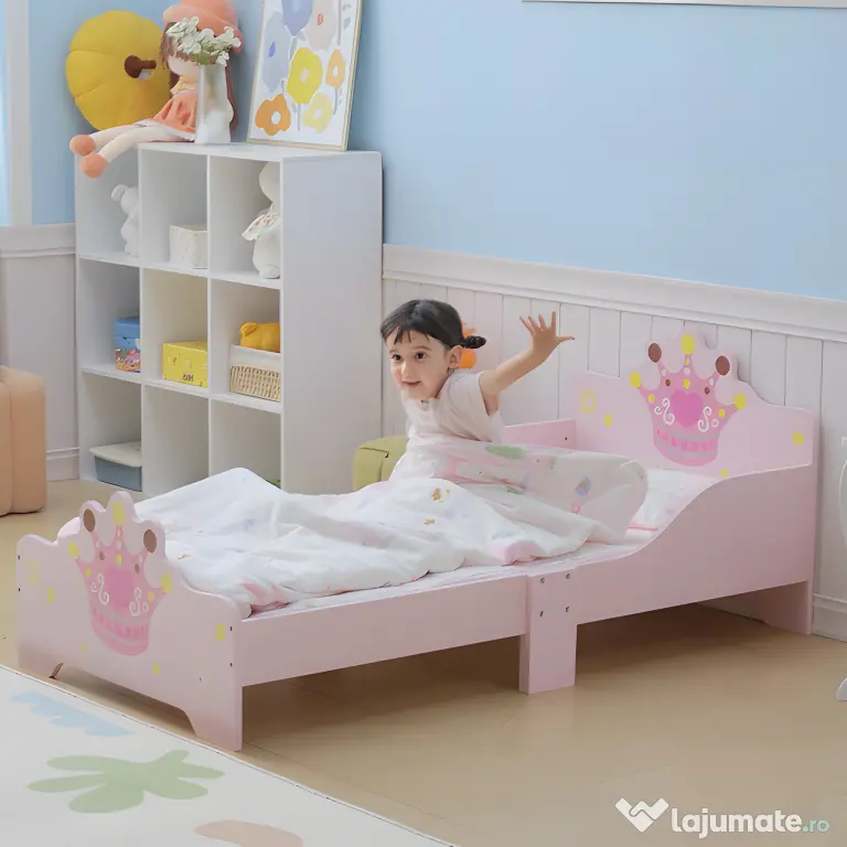 HOMCOM Pat Copii Siguranță Margini Înalte, 6 Picioare Lemn, pentru 3-6 Ani, 143x73x60cm, Roz | Aosom Romania
