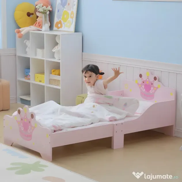 HOMCOM Pat Copii Siguranță Margini Înalte, 6 Picioare Lemn, pentru 3-6 Ani, 143x73x60cm, Roz | Aosom Romania