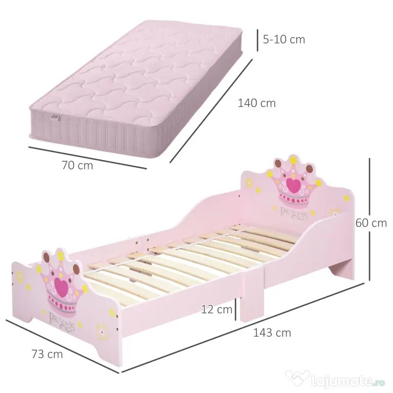 HOMCOM Pat Copii Siguranță Margini Înalte, 6 Picioare Lemn, pentru 3-6 Ani, 143x73x60cm, Roz | Aosom Romania