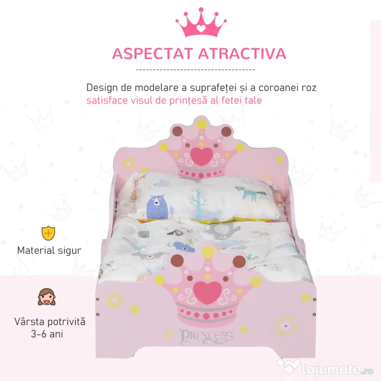 HOMCOM Pat Copii Siguranță Margini Înalte, 6 Picioare Lemn, pentru 3-6 Ani, 143x73x60cm, Roz | Aosom Romania