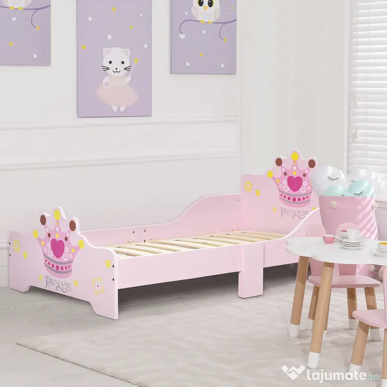 HOMCOM Pat Copii Siguranță Margini Înalte, 6 Picioare Lemn, pentru 3-6 Ani, 143x73x60cm, Roz | Aosom Romania