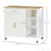 HOMCOM Carucioare de bucatarie cu 4 roți, 3 rafturi, pentru sufragerie, din MDF, Lemn și Cauciuc, 107.5x48x89 cm, Alb | Aosom Romania 