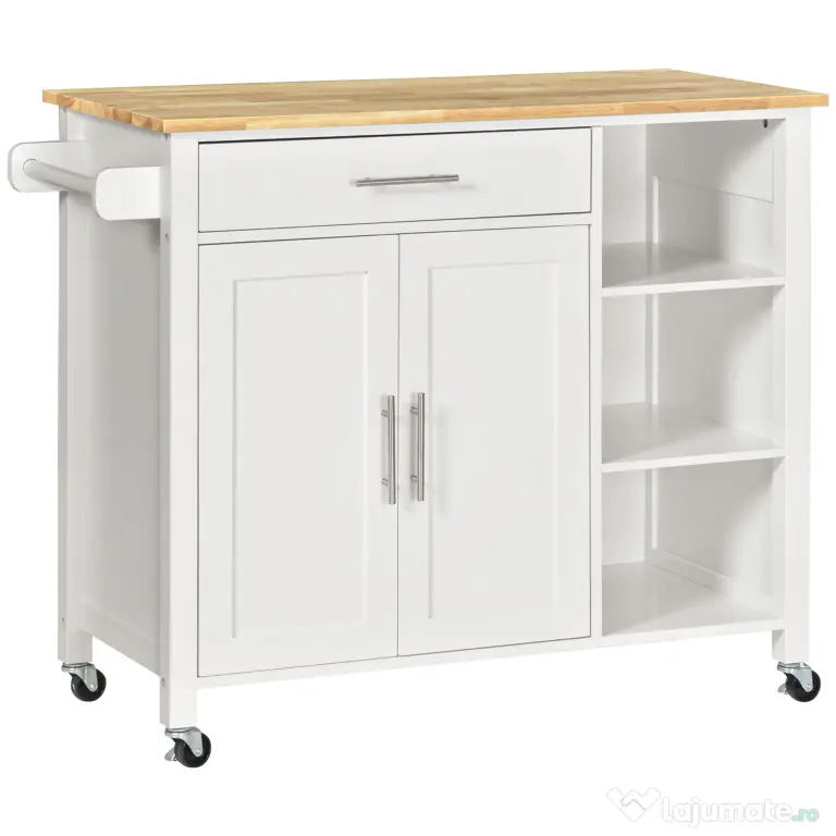 Homcom carucior bucatarie cu 4 roți, 3 rafturi, pentru bucătărie si sufragerie,107×48×89 cm, din MDF, Lemn de cauciucalba, alb