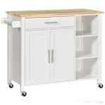 Homcom carucior bucatarie cu 4 roți, 3 rafturi, pentru bucătărie si sufragerie,107×48×89 cm, din MDF, Lemn de cauciucalba, alb