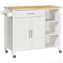 Homcom carucior bucatarie cu 4 roți, 3 rafturi, pentru bucătărie si sufragerie,107×48×89 cm, din MDF, Lemn de cauciucalba, alb