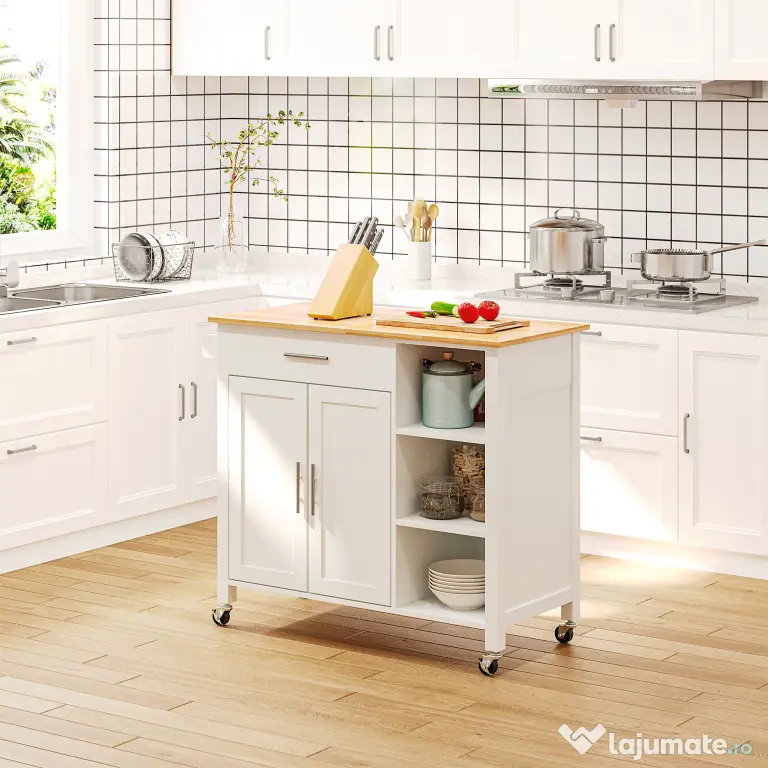 Homcom carucior bucatarie cu 4 roți, 3 rafturi, pentru bucătărie si sufragerie,107×48×89 cm, din MDF, Lemn de cauciucalba, alb