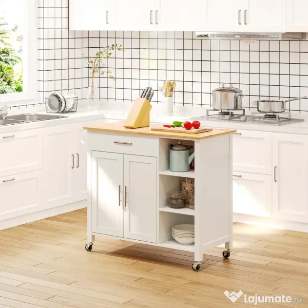 Homcom carucior bucatarie cu 4 roți, 3 rafturi, pentru bucătărie si sufragerie,107×48×89 cm, din MDF, Lemn de cauciucalba, alb