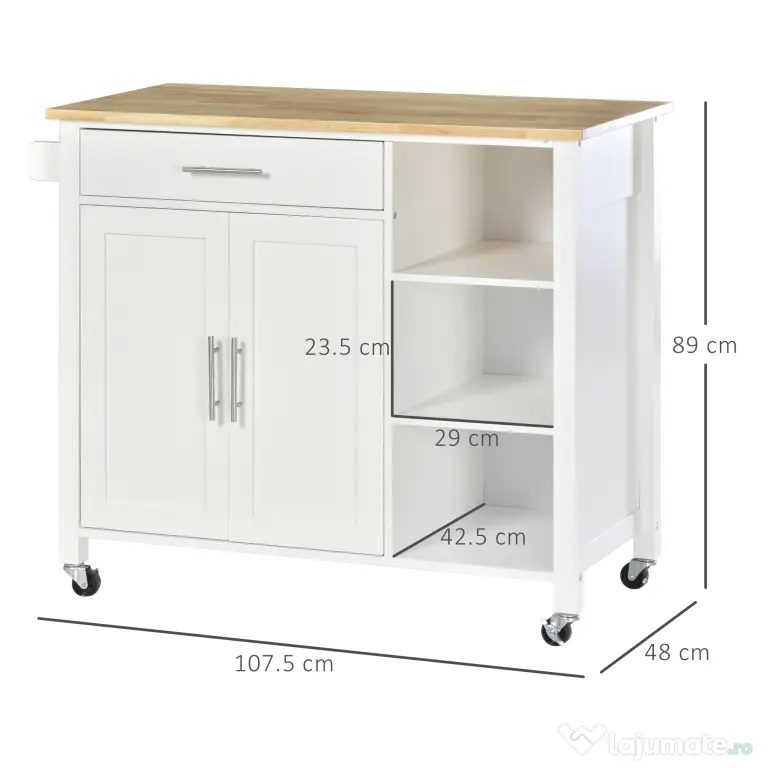 Homcom carucior bucatarie cu 4 roți, 3 rafturi, pentru bucătărie si sufragerie,107×48×89 cm, din MDF, Lemn de cauciucalba, alb