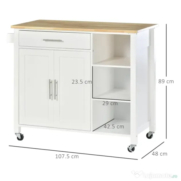 Homcom carucior bucatarie cu 4 roți, 3 rafturi, pentru bucătărie si sufragerie,107×48×89 cm, din MDF, Lemn de cauciucalba, alb