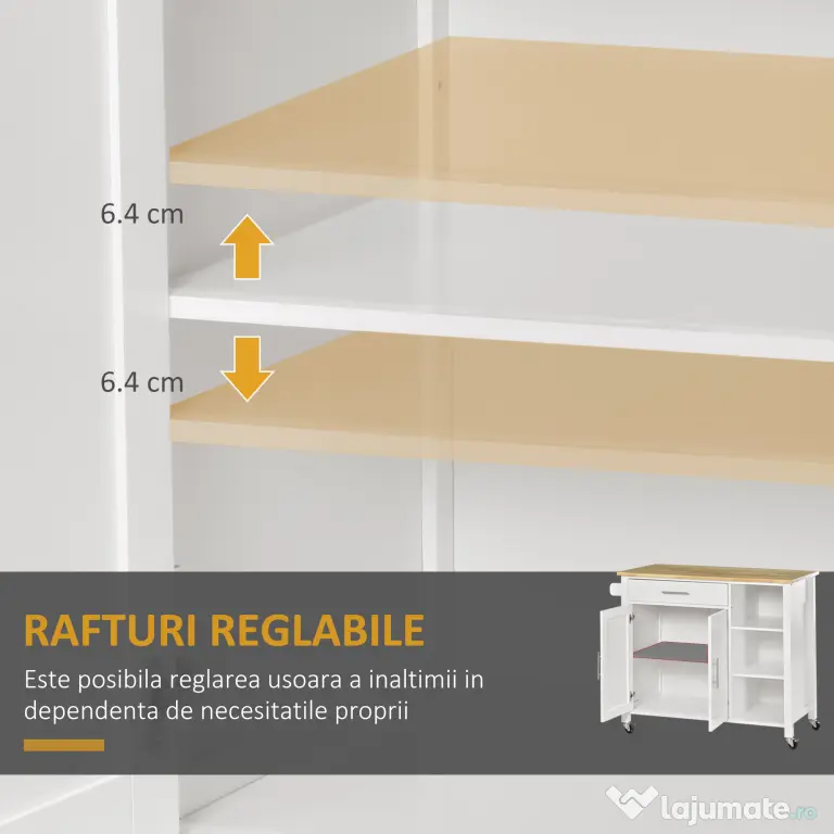 Homcom carucior bucatarie cu 4 roți, 3 rafturi, pentru bucătărie si sufragerie,107×48×89 cm, din MDF, Lemn de cauciucalba, alb