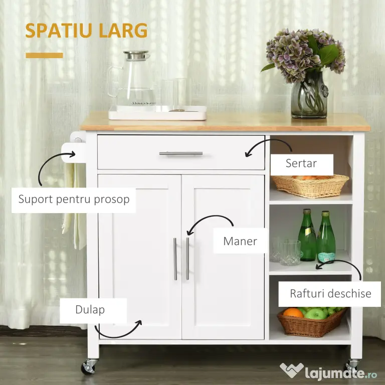 Homcom carucior bucatarie cu 4 roți, 3 rafturi, pentru bucătărie si sufragerie,107×48×89 cm, din MDF, Lemn de cauciucalba, alb