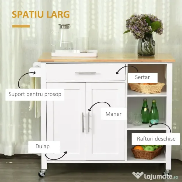 Homcom carucior bucatarie cu 4 roți, 3 rafturi, pentru bucătărie si sufragerie,107×48×89 cm, din MDF, Lemn de cauciucalba, alb