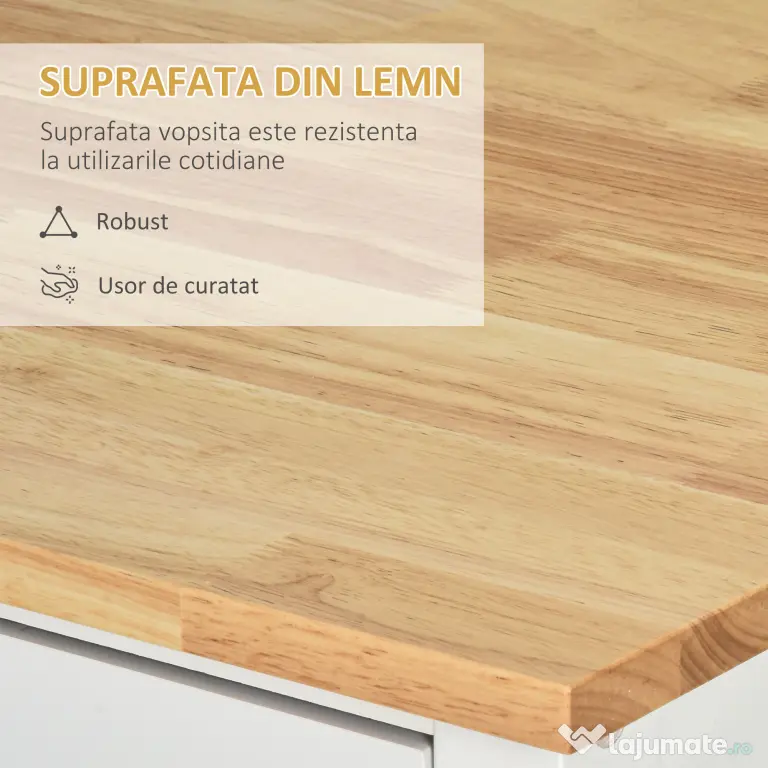 Homcom carucior bucatarie cu 4 roți, 3 rafturi, pentru bucătărie si sufragerie,107×48×89 cm, din MDF, Lemn de cauciucalba, alb
