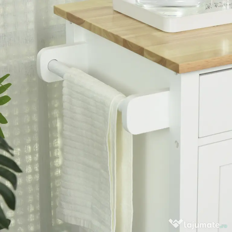 Homcom carucior bucatarie cu 4 roți, 3 rafturi, pentru bucătărie si sufragerie,107×48×89 cm, din MDF, Lemn de cauciucalba, alb