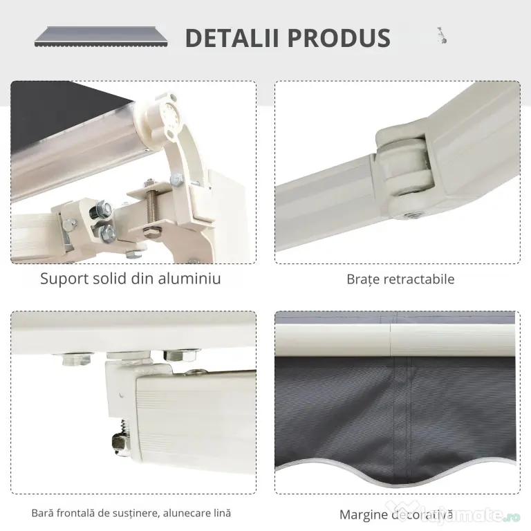 Outsunny Copertină de Soare Retractabilă Manual din Aluminiu și Țesătură Poliester, 2,5x2 m, Gri | Aosom Romania