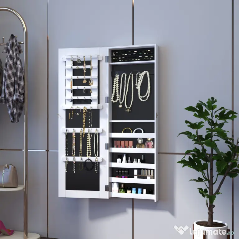HOMCOM Dulap pentru Bijuterii cu Oglindă, Montare pe Perete, Negru, 37x9.5x121 cm | Aosom Romania