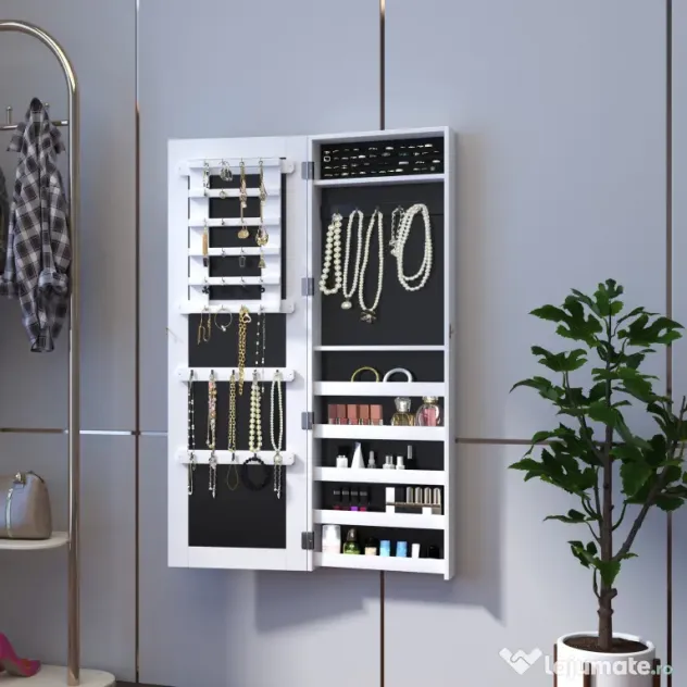 HOMCOM Dulap pentru Bijuterii cu Oglindă, Montare pe Perete, Negru, 37x9.5x121 cm | Aosom Romania