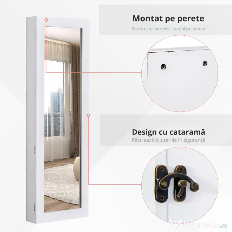 HOMCOM Dulap pentru Bijuterii cu Oglindă, Montare pe Perete, Negru, 37x9.5x121 cm | Aosom Romania