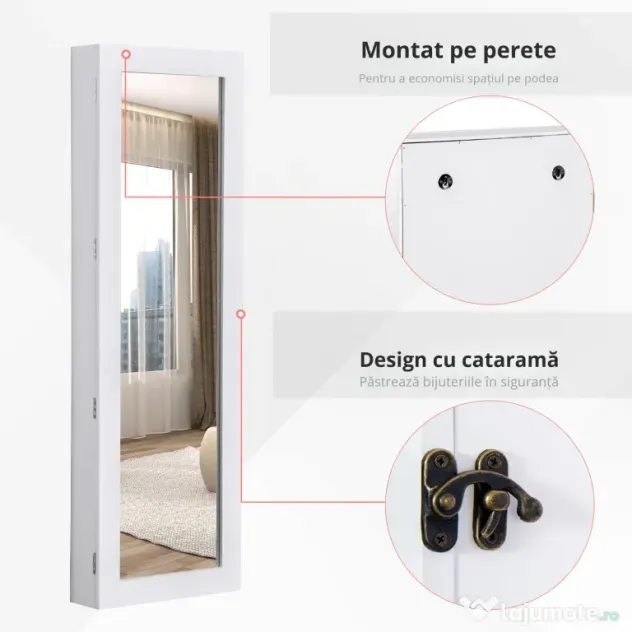 HOMCOM Dulap pentru Bijuterii cu Oglindă, Montare pe Perete, Negru, 37x9.5x121 cm | Aosom Romania