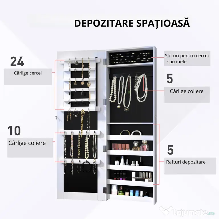 HOMCOM Dulap pentru Bijuterii cu Oglindă, Montare pe Perete, Negru, 37x9.5x121 cm | Aosom Romania