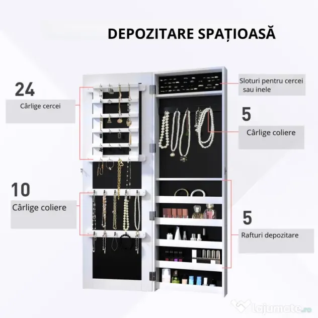 HOMCOM Dulap pentru Bijuterii cu Oglindă, Montare pe Perete, Negru, 37x9.5x121 cm | Aosom Romania