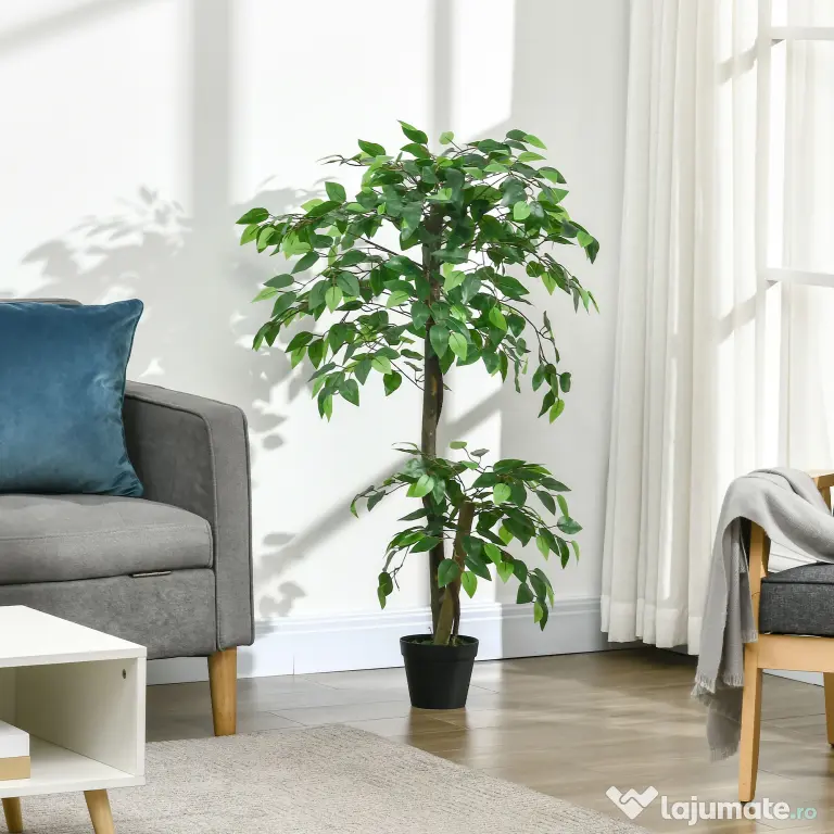 Planta Artificială Outsunny Arbore de Ceai cu 546 de Frunze Realistice și Ghiveci din Ciment 120 cm Verde