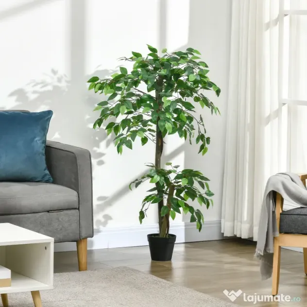 Planta Artificială Outsunny Arbore de Ceai cu 546 de Frunze Realistice și Ghiveci din Ciment 120 cm Verde
