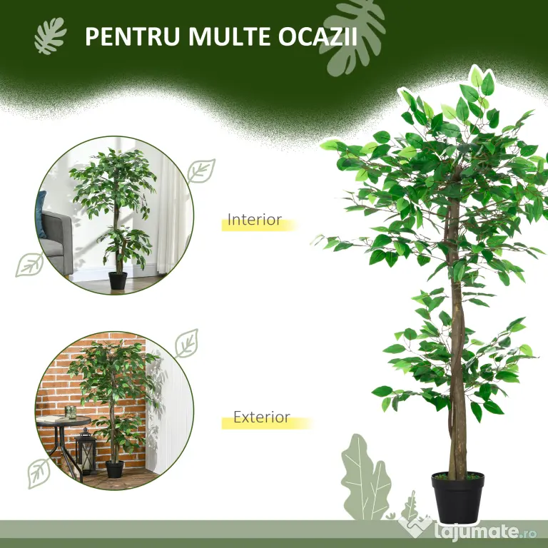 Planta Artificială Outsunny Arbore de Ceai cu 546 de Frunze Realistice și Ghiveci din Ciment 120 cm Verde