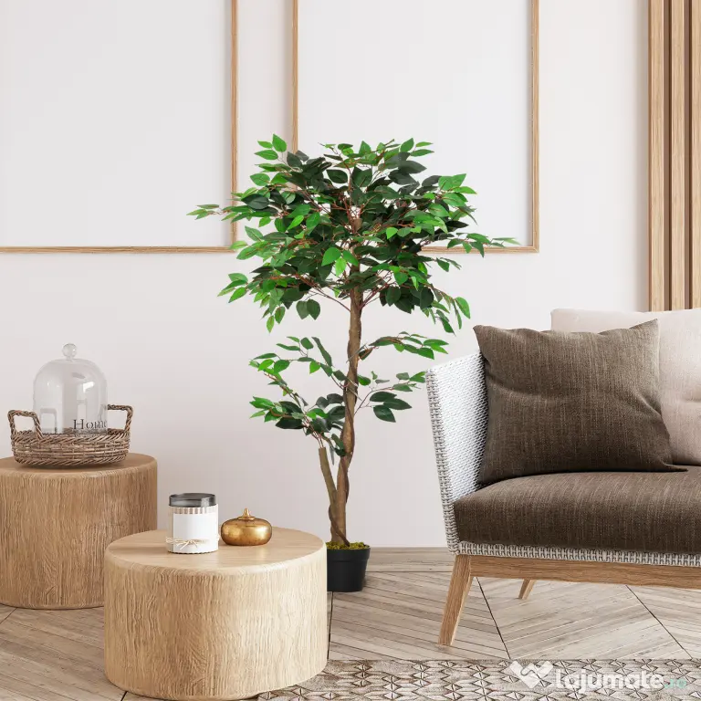 Planta Artificială Outsunny Arbore de Ceai cu 546 de Frunze Realistice și Ghiveci din Ciment 120 cm Verde