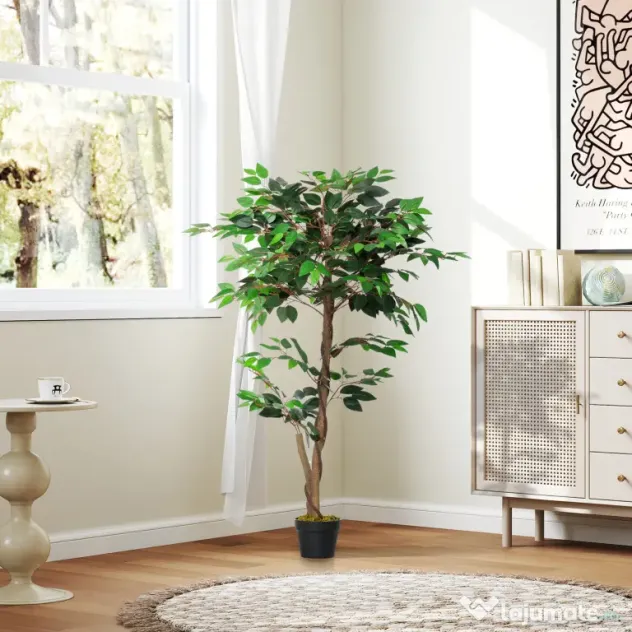 Planta Artificială Outsunny Arbore de Ceai cu 546 de Frunze Realistice și Ghiveci din Ciment 120 cm Verde