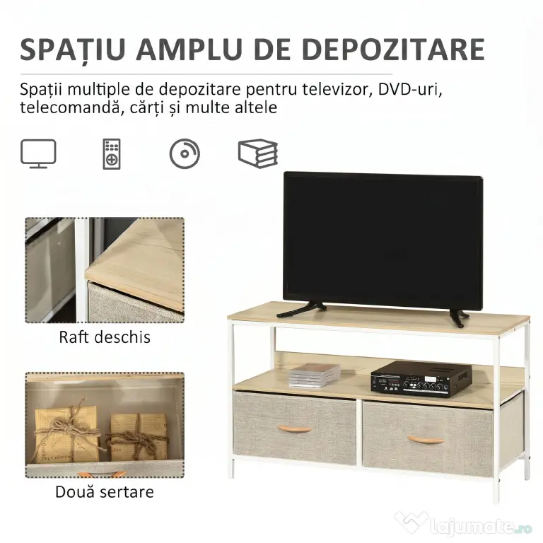 HOMCOM Mobilier pentru Televizor de 47" cu Sertare Pliabile din Material Textil și Raft, 98x29x56 cm, Lemn Natural | Aosom Romania