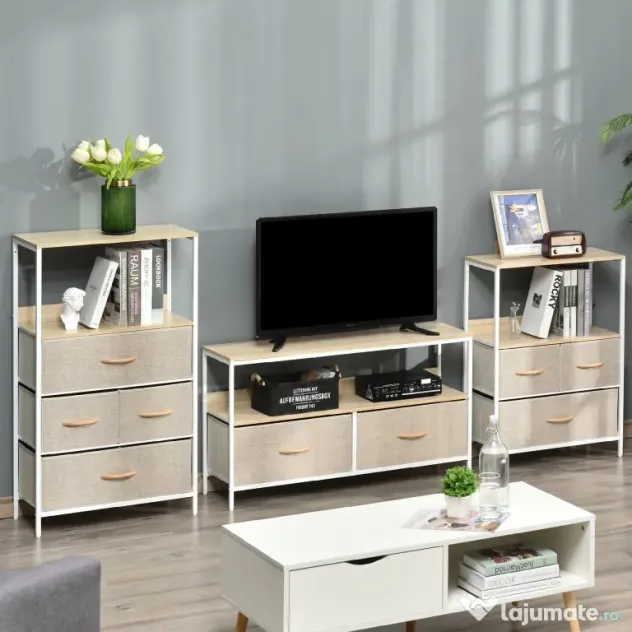 HOMCOM Mobilier pentru Televizor de 47" cu Sertare Pliabile din Material Textil și Raft, 98x29x56 cm, Lemn Natural | Aosom Romania