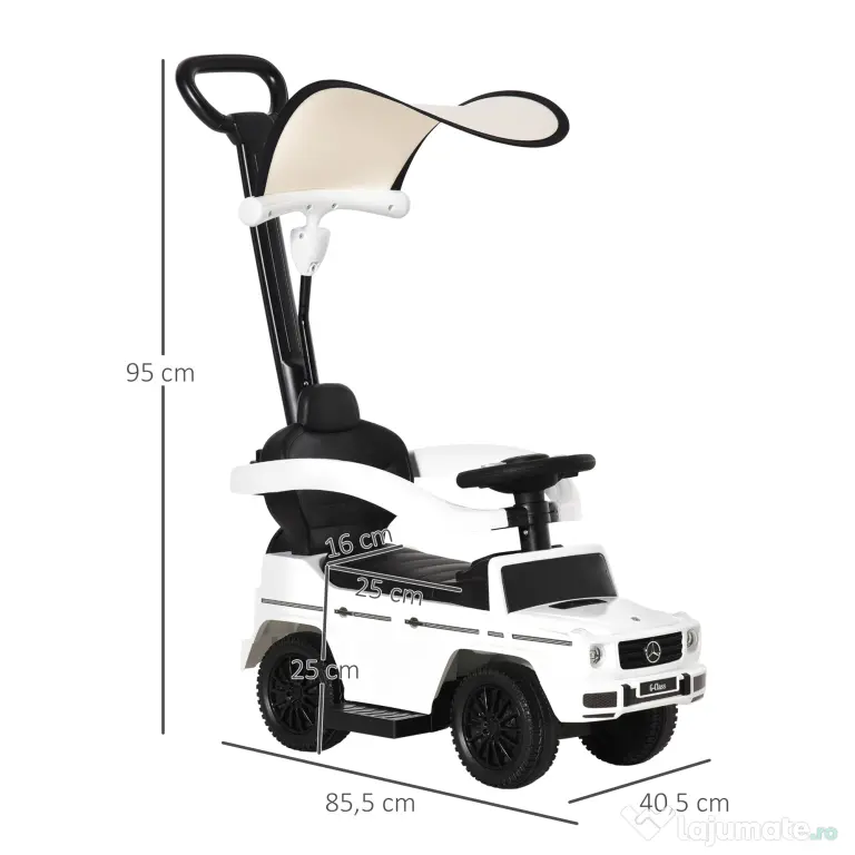 HOMCOM Mercedes Licențiat Mașină de împins pentru copii 12-36 luni, acoperiș și mâner de împins, 85.5x40.5x95 cm, alb | Aosom Romania