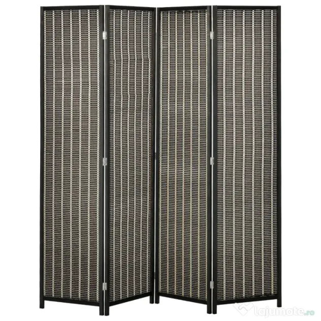 HOMCOM Paravan Separare Spațiu, 4 Panouri, Lemn și Bambus, 180x180x1.9cm, Negru și Maro | Aosom Romania