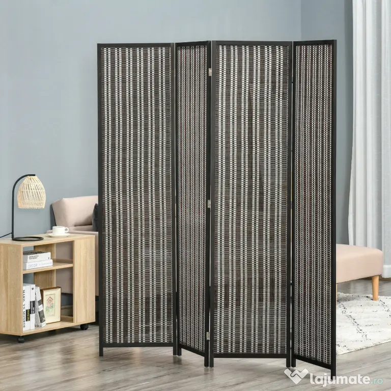 HOMCOM Paravan Separare Spațiu, 4 Panouri, Lemn și Bambus, 180x180x1.9cm, Negru și Maro | Aosom Romania