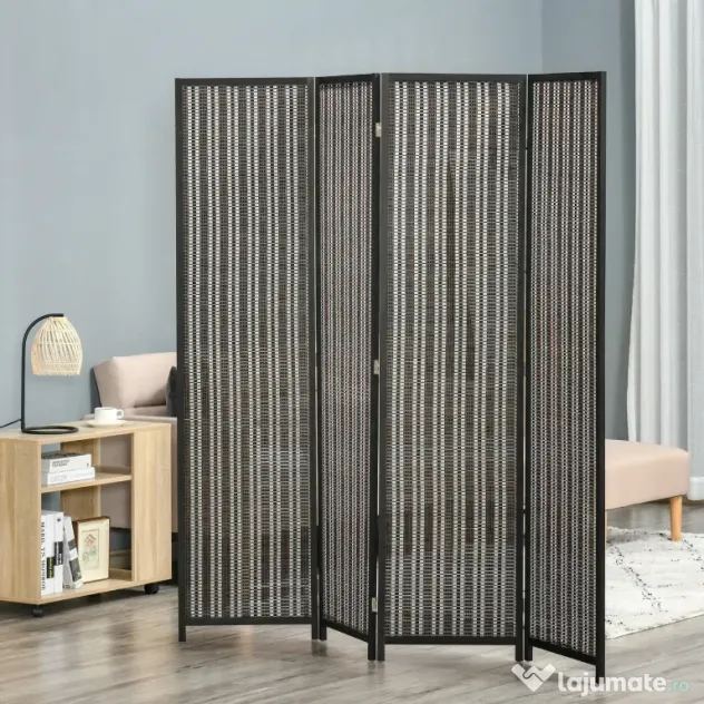 HOMCOM Paravan Separare Spațiu, 4 Panouri, Lemn și Bambus, 180x180x1.9cm, Negru și Maro | Aosom Romania